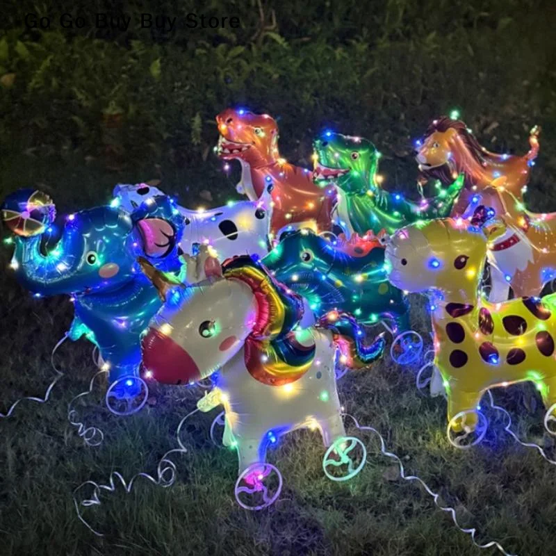 4D Cartoon Leuchtfolienballons Katze Hund Elefant Stehende Laufballons mit Rädern für Kindergeburtstagsfeier Dekoration Babyparty