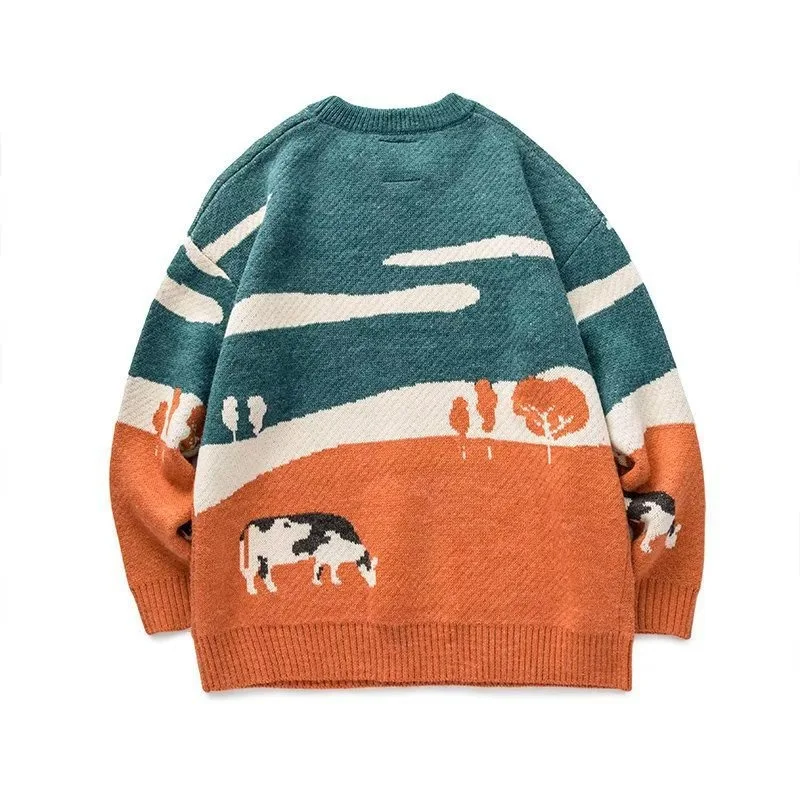 KIDWHXR Herren Herbst Strickpullover Koreanischer Stil Bedruckter Rundhals-Pullover Locker Sitzender Langarm-Komfort-Pullover für Männer – Detail 3