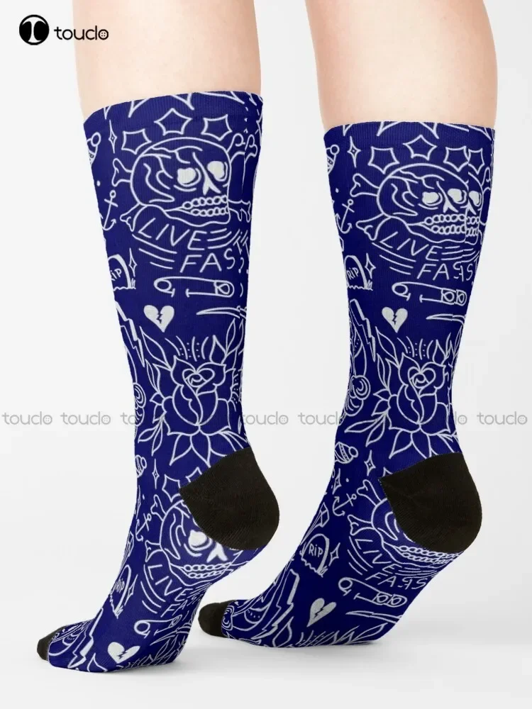 Traditional Tattoo Flash Blue Pattern Girl Dagger Skull Rose Socks Cool Socks Christmas Gift Unisex Adult Teen Youth Socks