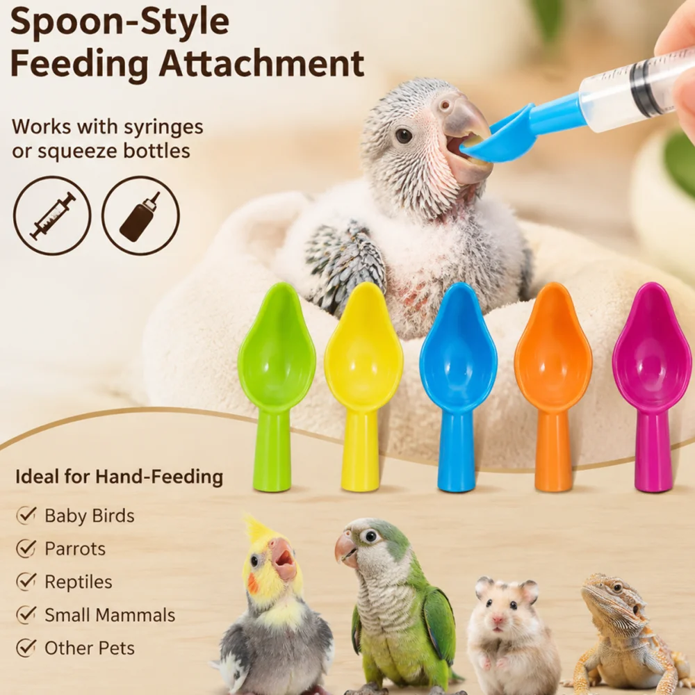 Pet Feeding Spoon Head Accessories, Multi-Colored Plastic Feeding Nozzles, Bird, Hamster, Reptile, Exotic Pet Feeding Syringe, Water and Milk Feeding Tool, Pet Feeder Replacement Spoon Head, 5 Colors Available, Can Be Connected to Syringe Squeeze Bottle, Feeding Accessories for Cockatiels, Budgerigars, Baby Birds, Reptiles, and Young Animals