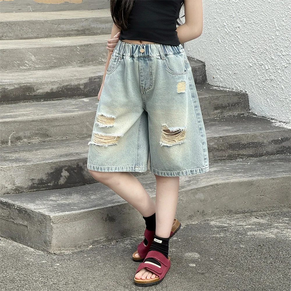 Fashion Street Style Kids Children Destroyed Ripped Denim Shorts with Hole for Boys Girls Trendy Summer Broken Jeans Shorts 5-14