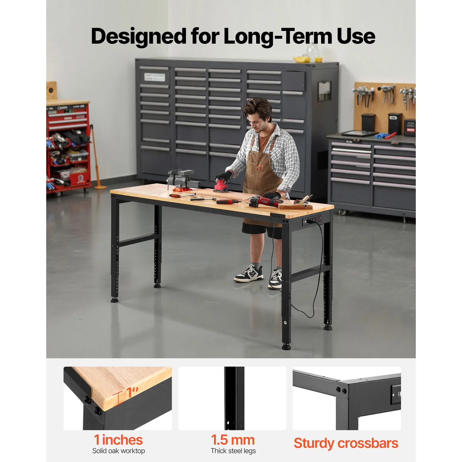 Uimoso Adjustable Height Workbench 61"L x 20"W Work Bench Table w/ Power Outlets