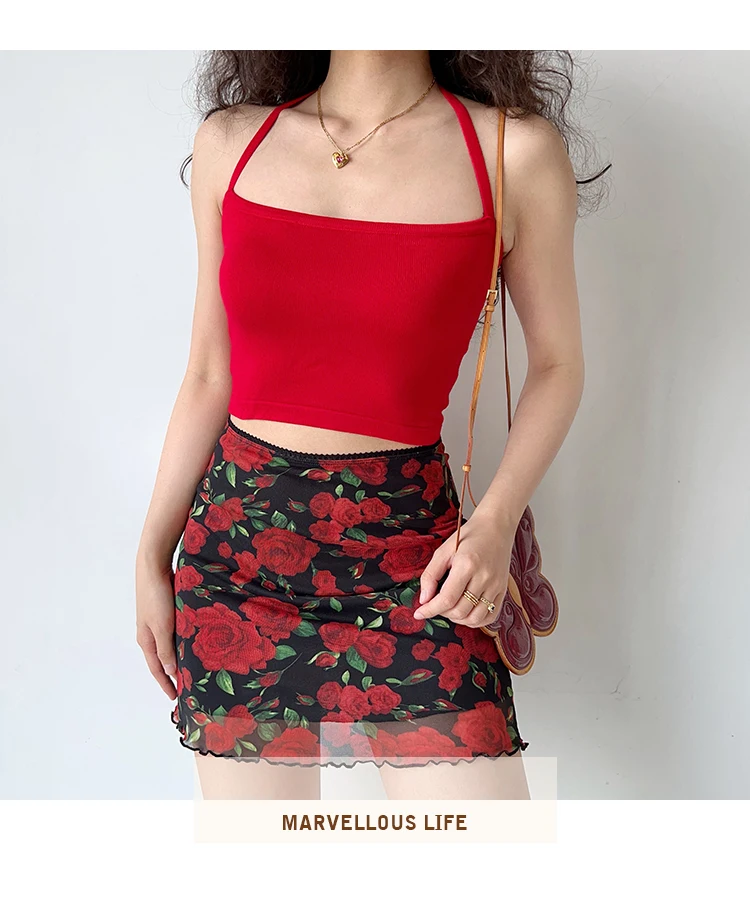 Summer Floral Print Mesh Mini Skirt Rose Women's Fashion High Waist Wrap Hip A Line Short Skirt Vintage Sexy Slim Fit Versatile