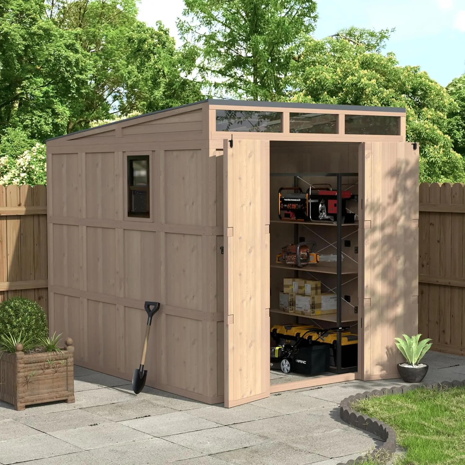 7.4x7 FT Cedar Wood Outdoor Storage Shed with Steel Roof, Customized
