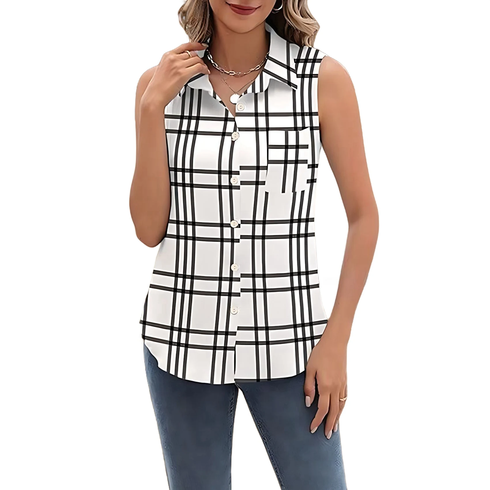 

A83F-Womens Sleeveless Button Down Shirt Tops V Neck Business Casual Collared Blouses Tank Top