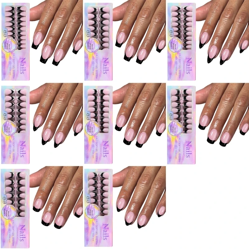 150 puntas uñas gel con punta francesa negra, forma ataúd corto, prensa en uñas cortas para mujeres, uñas postizas, 15