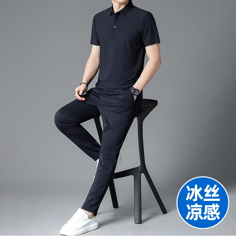 

Men's Two-piece Ice Silk Sports Set Men's Summer Thin Casual Long Pants Short Sleeve T-Shirt Quick Dry Clothes Polyester Spandex