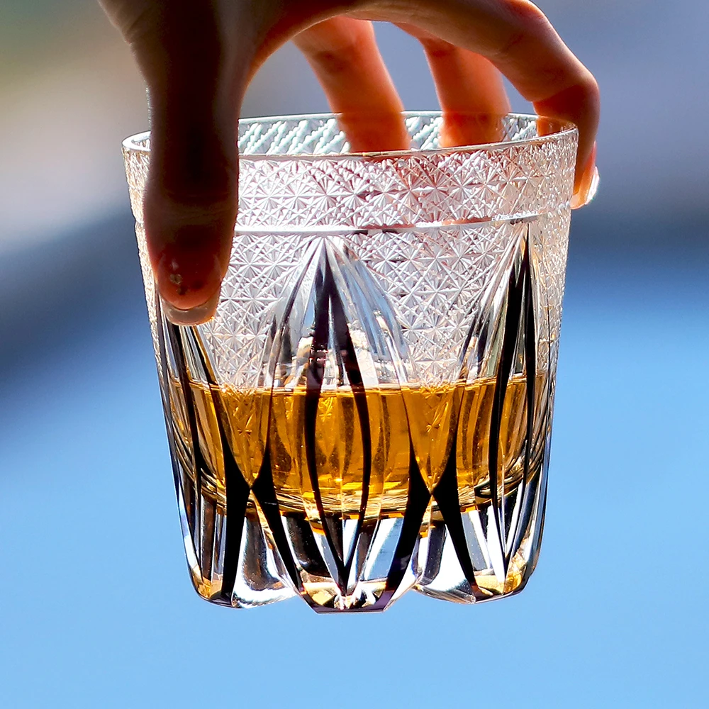 

Hand Engraved Edo Kiriko Glass Whisky Bourbon Glassware Rock Glass Amber Black Colored Glass Christmas Gift