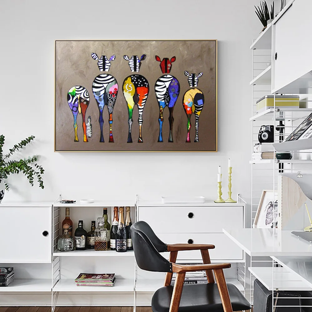 

Colorful Zebra Giraffe Family Canvas Art Oil Paintings with Frame African Animals Wall Pictures Nordic Poster Prints Home Decor