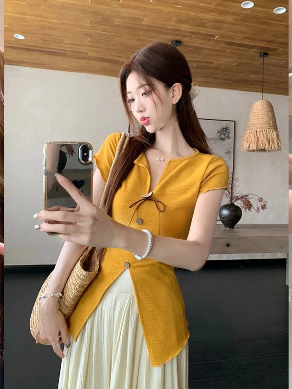 

Slimming V-Ne Belted ort Sve T-irt Korean Sle Summer New Faion Knitted Polyester Cool Sensation Thin Design irt