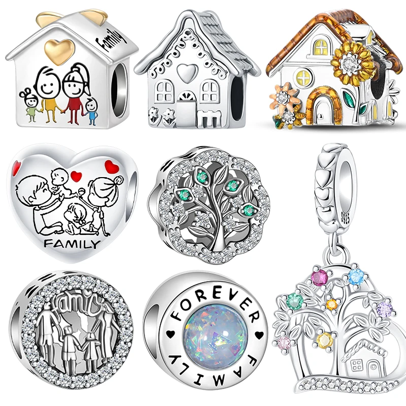 

Шармы из стерлингового серебра 925 пробы: Семейный дом и Древо жизни, Сердце семьи и Дом, бусины для браслетов-шармов, подарок для мамы