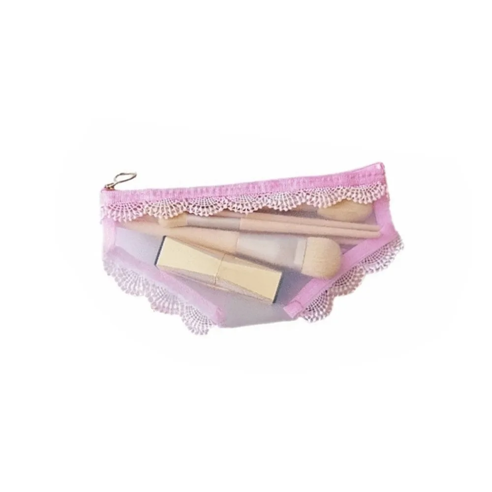 Fashion Korean Style Briefs Shape Cosmetic Bag Lace Trim Decorative Mesh Toiletry Bag with Zipper Mesh Jewelry Organizer Jewelry