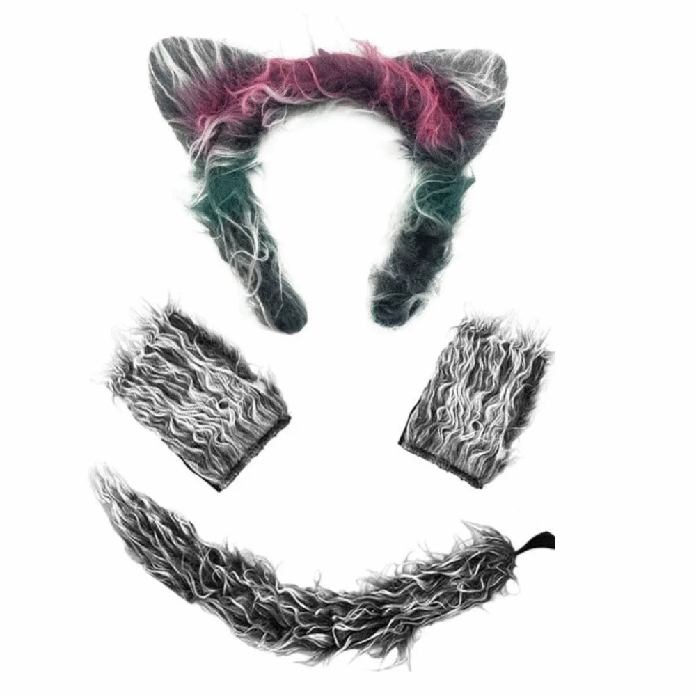 4pcs/set Furry Gray Wolf Costume Set Faux Fur Fluffy Plush Sleeve Cover Tail Kit Exquisite Lightweight Animal Cosplay Outfit
