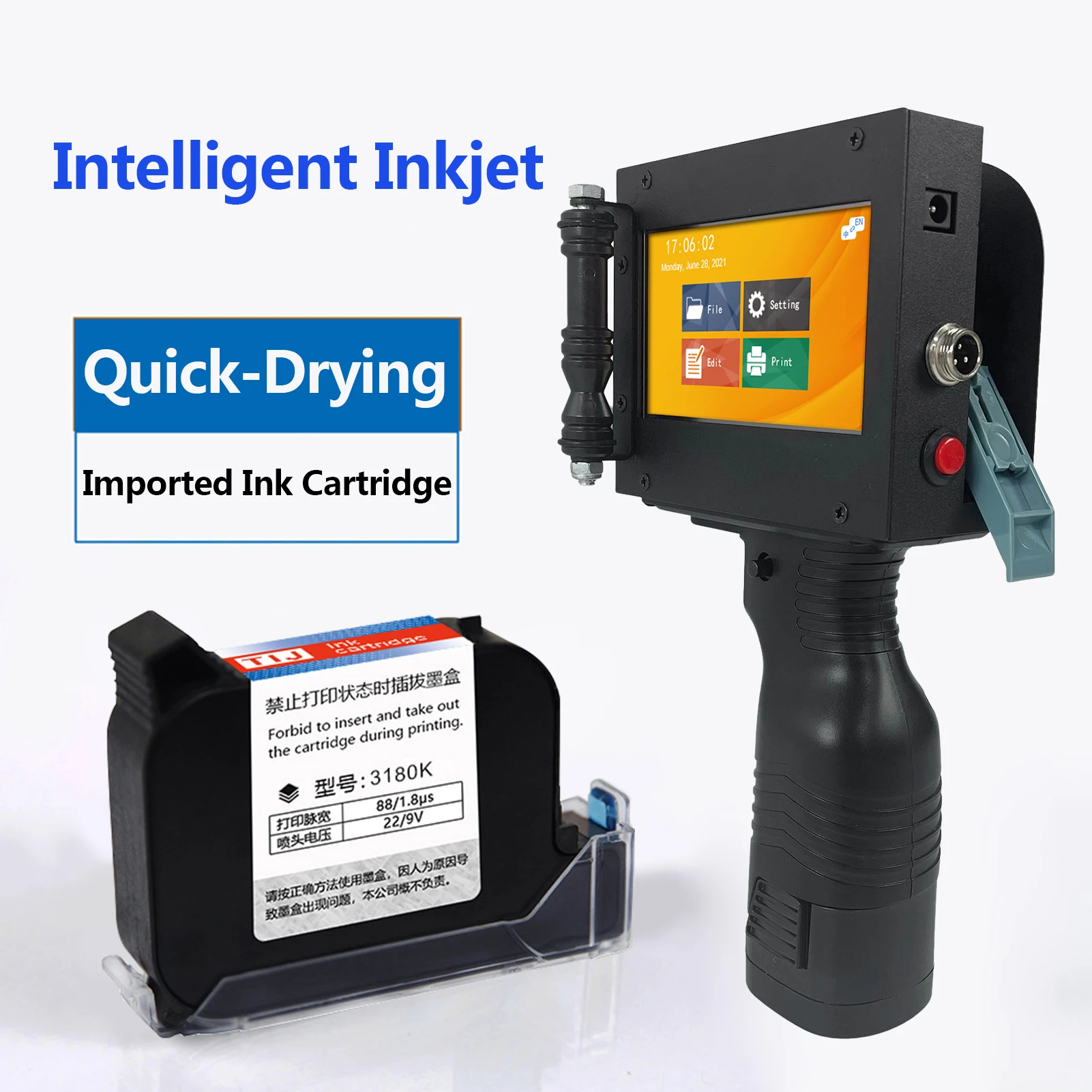 

Ручной принтер Портативный струйный принтер Струйный кодовый принтер высокой четкости с 4,3-дюймовым сенсорным экраном Быстросохнущий чернильный картридж