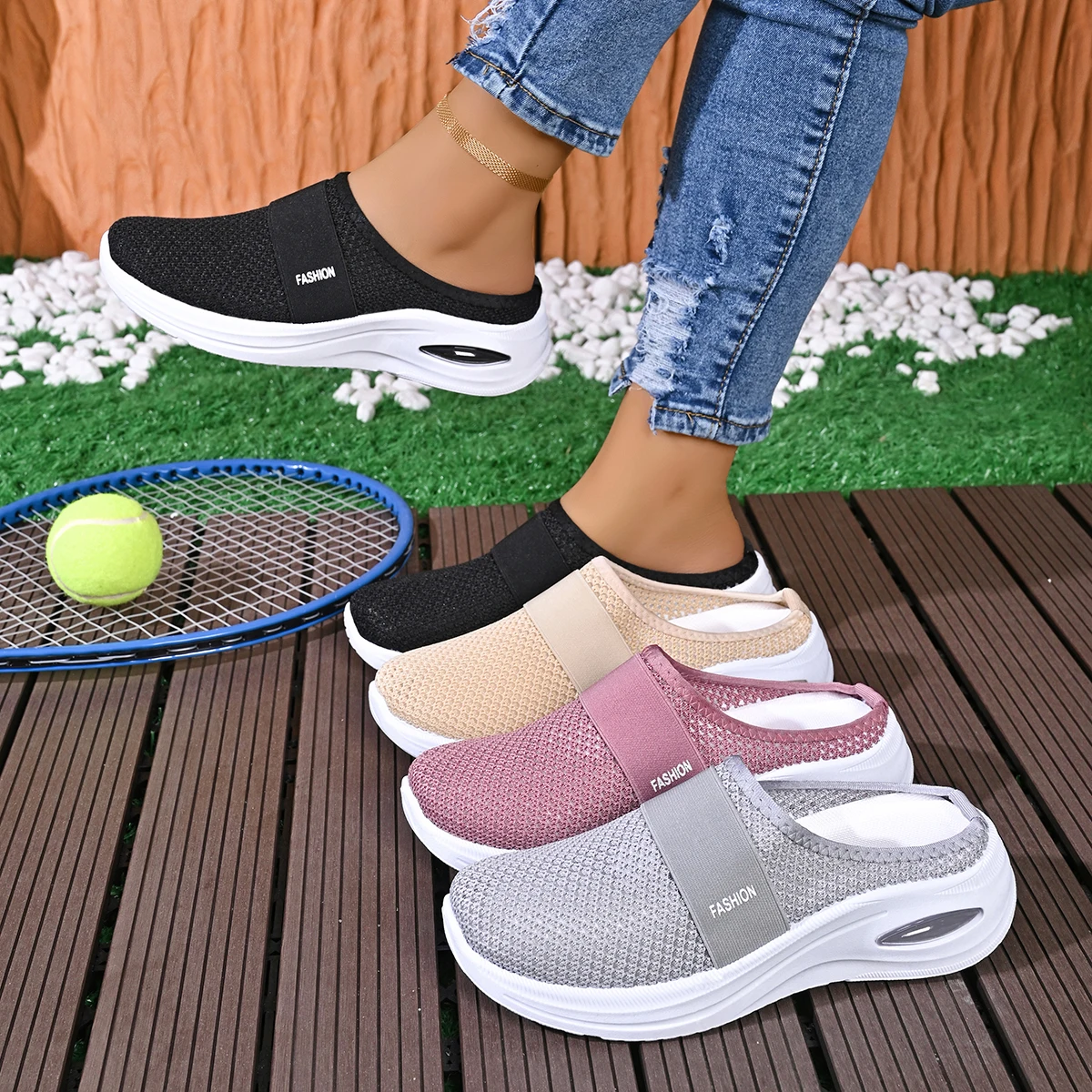 Summer New Round Headed Elegant Flat Slippers Fashionable Comfortable Mesh Breathable Slope Heel Casual Slippers for Women's
