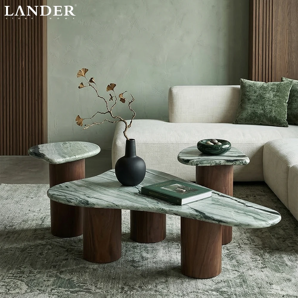 Landerstore Shangrila Green Marble Coffee Table Set Center Table Shangrila Green Marble Coffee Table Wave Design for Livingroom