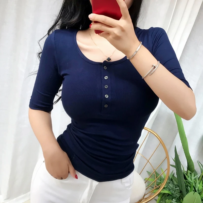 T-Shirts For Women Slim Screw Thread T Shirt Summer Basic Button Tee Shirt Femme Korean Style Clothes Womens Tops Camiseta Mujer