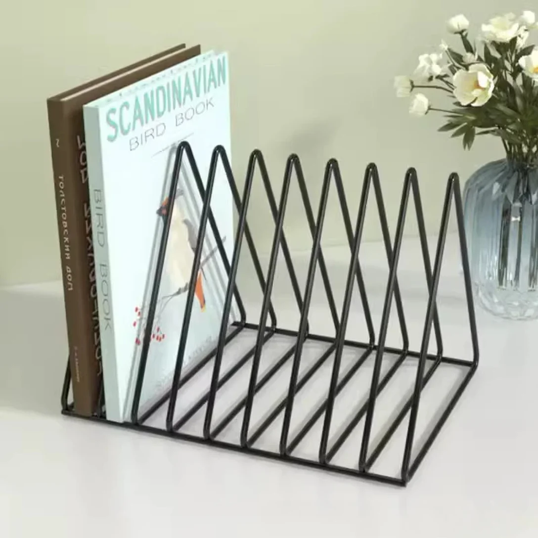

Book Storage Rack Desktop Iron Bookshelf Vinyl Records Holder Student Stationeres Organizer Newspapers Magazines Stand