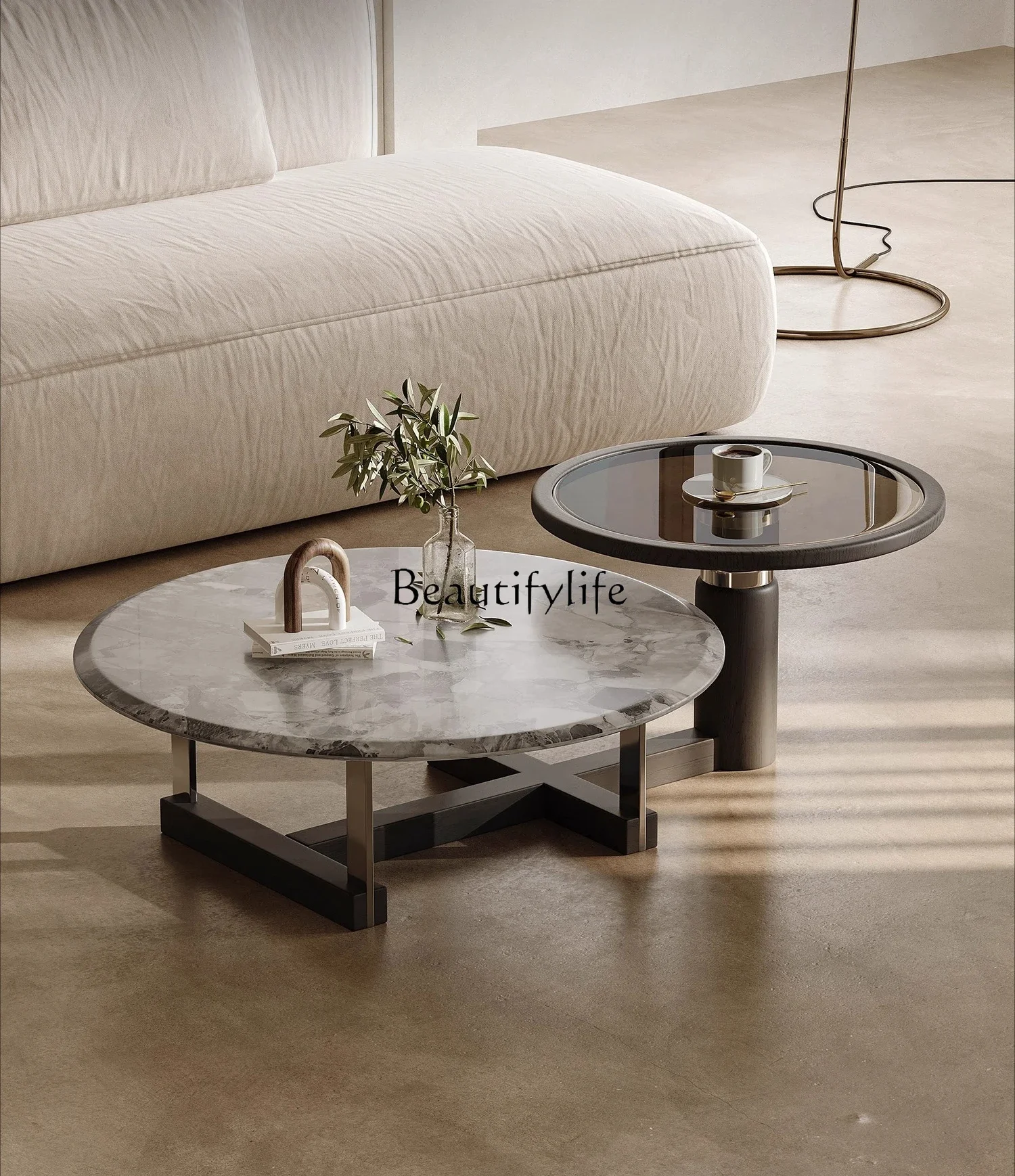 

ls 18Light Luxury White Wax Wood Solid Wood Tea Table Marble Living Room Round Table