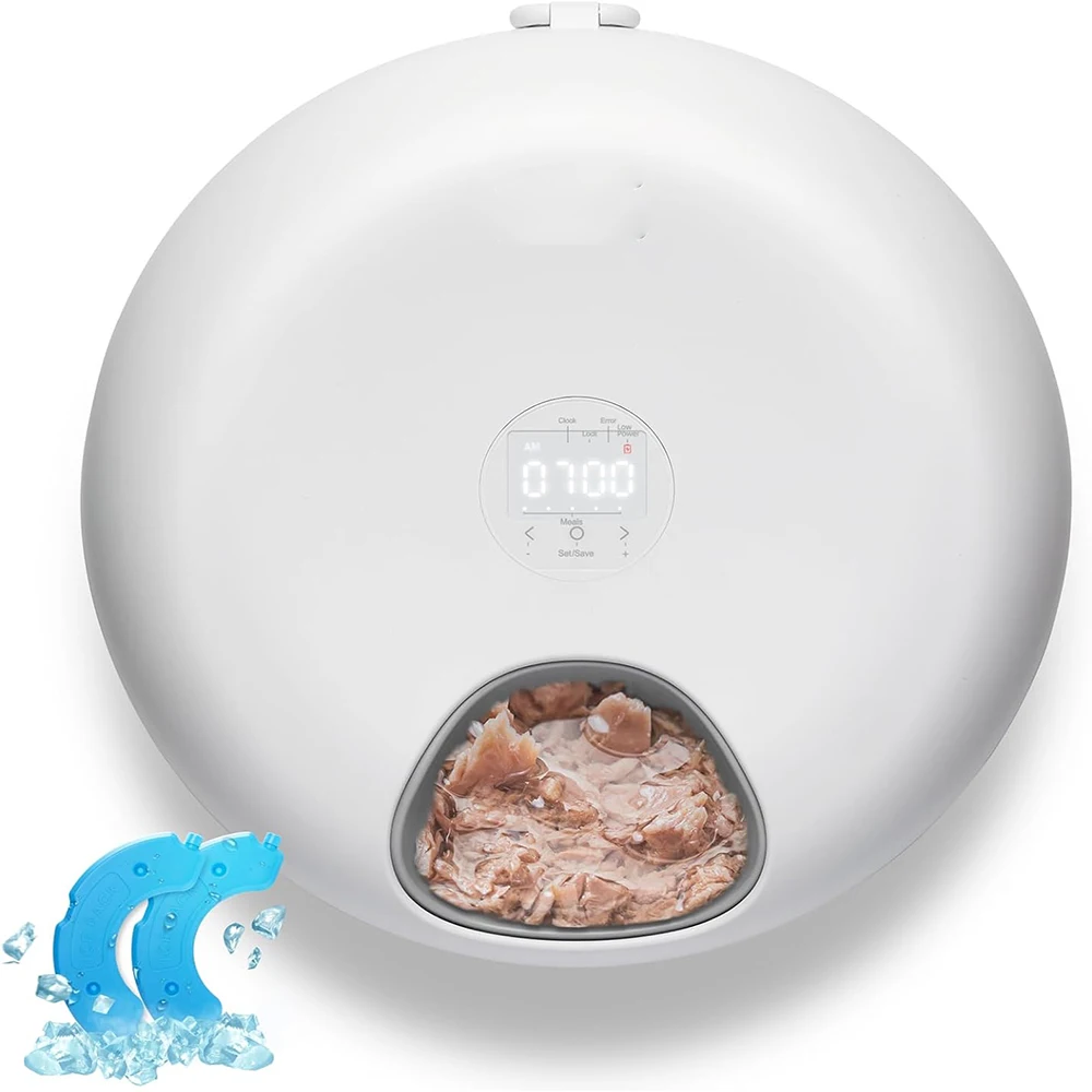 6-Meal Cordless Automatic Pet Feeder Wet and Dry Food Automatic Cat Feeder with Two Ice Packs Programmle Timer with LED Displa