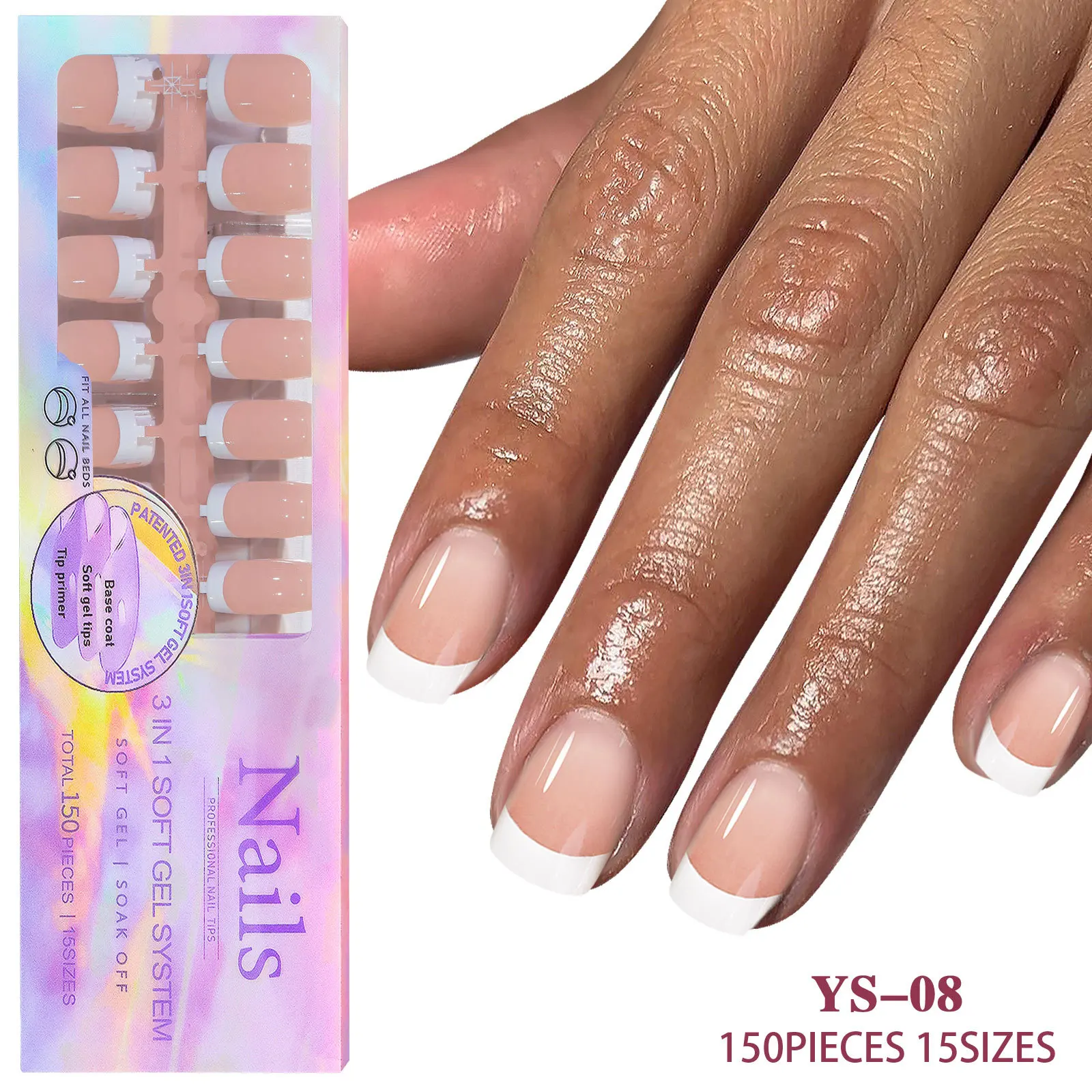 150 Pcs Press on Nails, 15 Sizes Fake Nails Almond French Glue on Nails Set, No Need to File Tips Pre-lasting