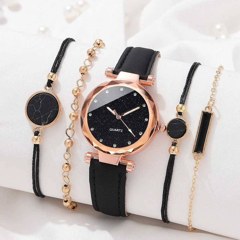 Set Watch For Women Luxury Leather Analog Ladies Quartz Wrist Watch Fashion Bracelet Watch Set Holiday Gifts Montre Femme 5PCS