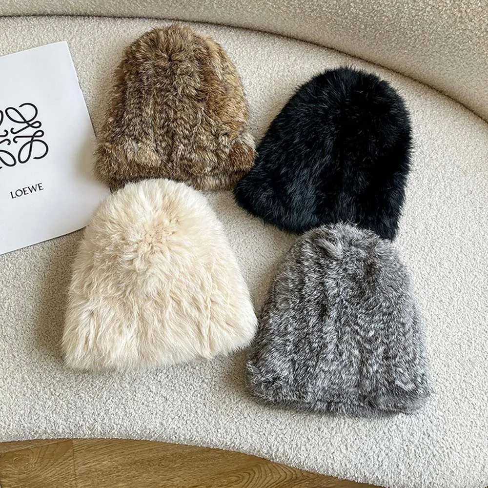 

Women Winter Rabbit Fur Hat Thickened Warmth Caps Knitted Ear Protection Plush Fisherman Hat Fluffy Real Rabbit Fur Hat