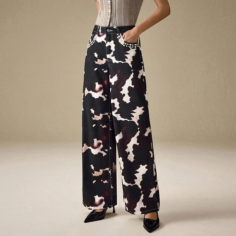 Benuynffy Jeans da donna stampati con perline di perle Streetwear Pantaloni in denim a gamba larga dritti larghi a vita alta vintage da donna