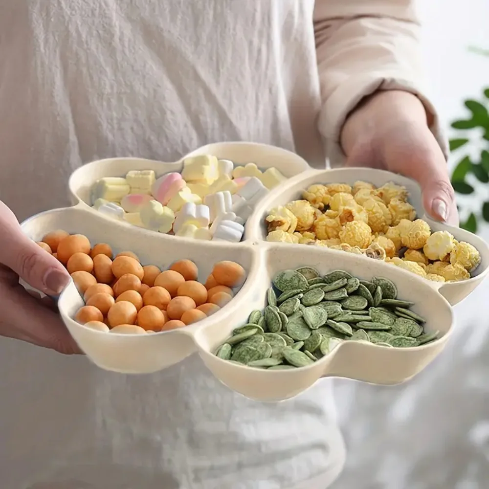 4-Compartment Appetizer Serving Platter Wheat Straw Unbreakable Food Storage Tray Four Leaf Clover Shape Snacks Serving Dish