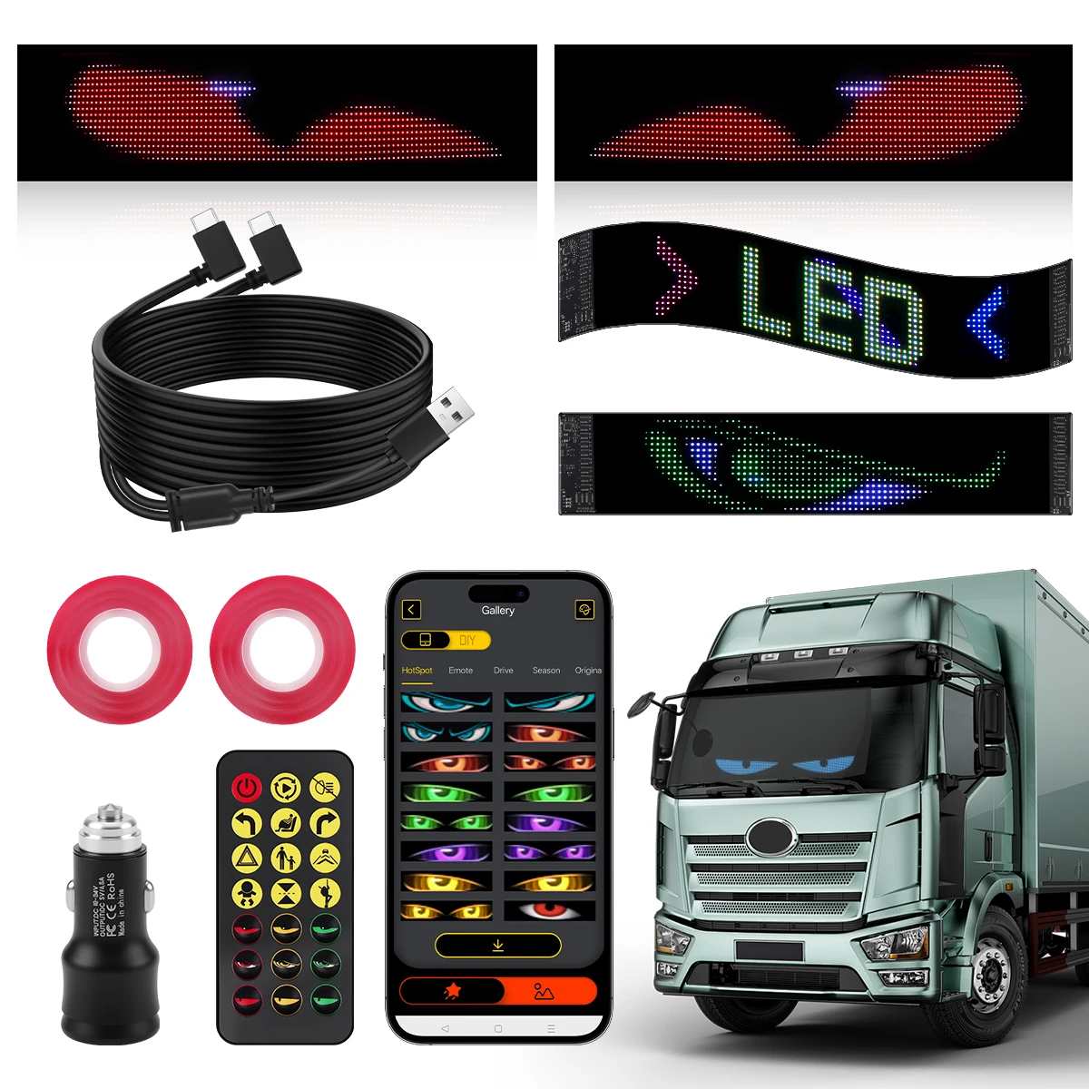 Car Devil Eyes Light Led Soft Screen DIY Colorful Car Windshield Dynamic LED Smart Phone Waterproof IP44 App Control  9.2x37.4cm