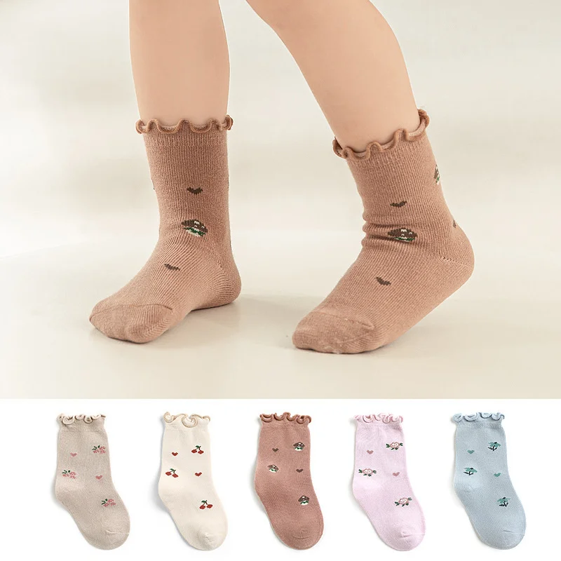 5 Pair/lot Toddlers Girls Frilly Socks Spring Autumn High Quality Cotton Soft Socks Kids Fruit Print Fungus Side Socks 0-5Years
