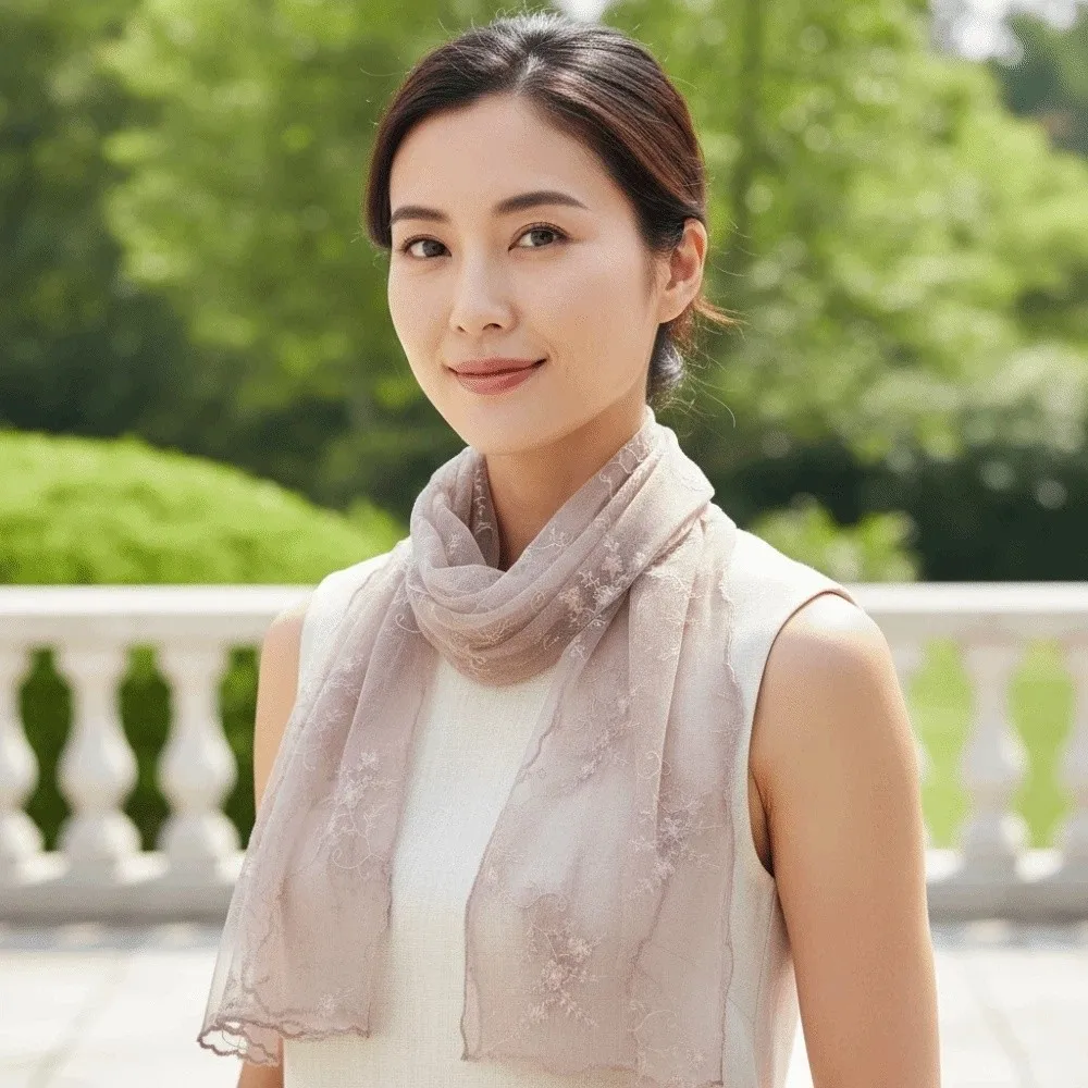 

Fashion Breathable Spring Silk Scarf Polyester Silk Lace Thin Headscarf Quick-drying Lightweight Long Hijab Scarf Beach