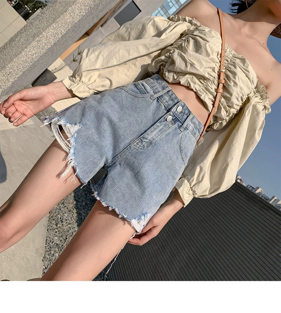 Summer Women Ripped Washed Hole Hight A Waist Wide-leg Denim Pants Short Bermuda Pant Casual Tassel Tight Stitch Street Pants