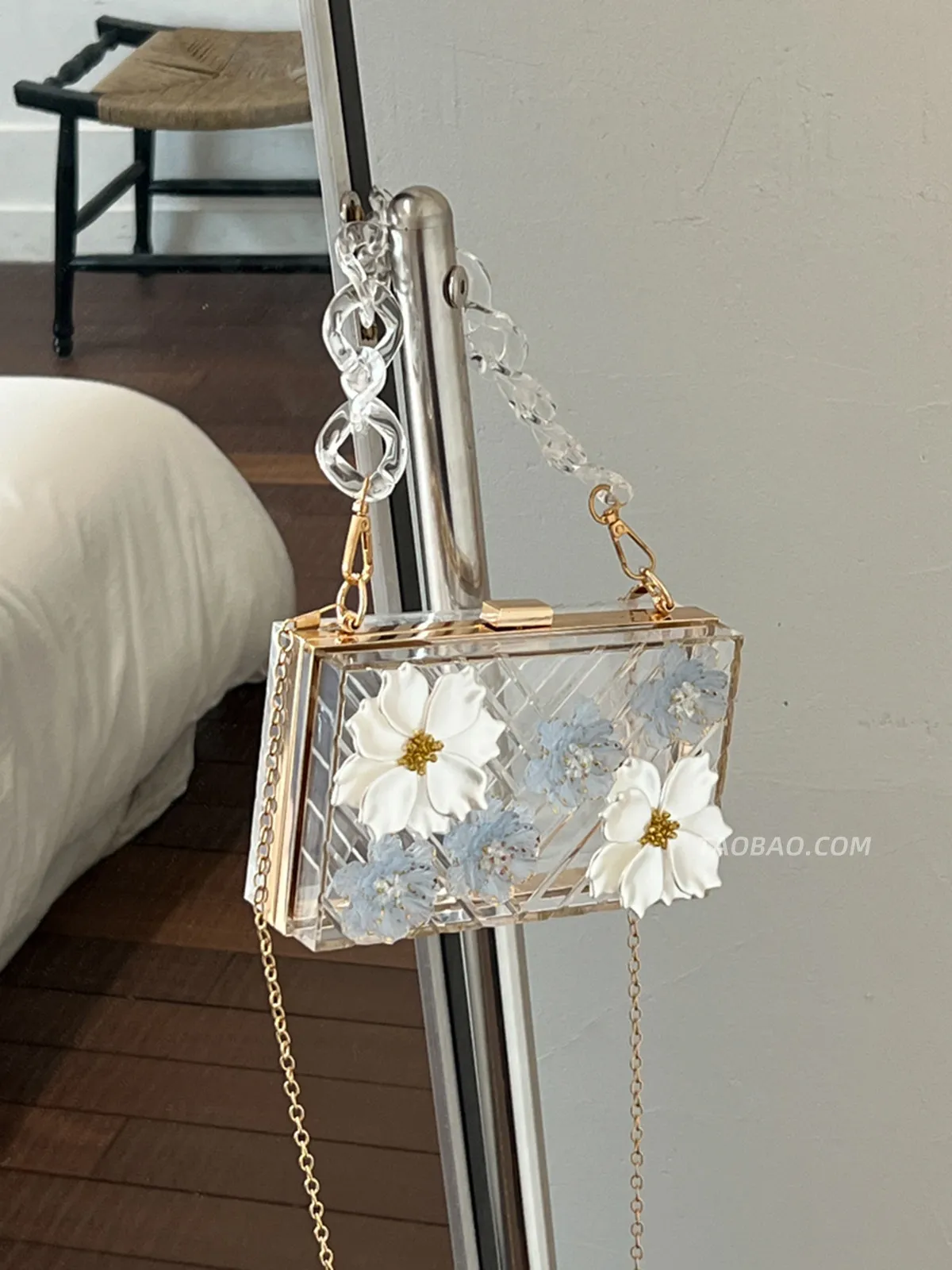 Transparent Acrylic Small Square Box Bag Three-Dimensional Flower Banquet Bag Thick Chain Crossbody Bag Korean Fashion Handbag