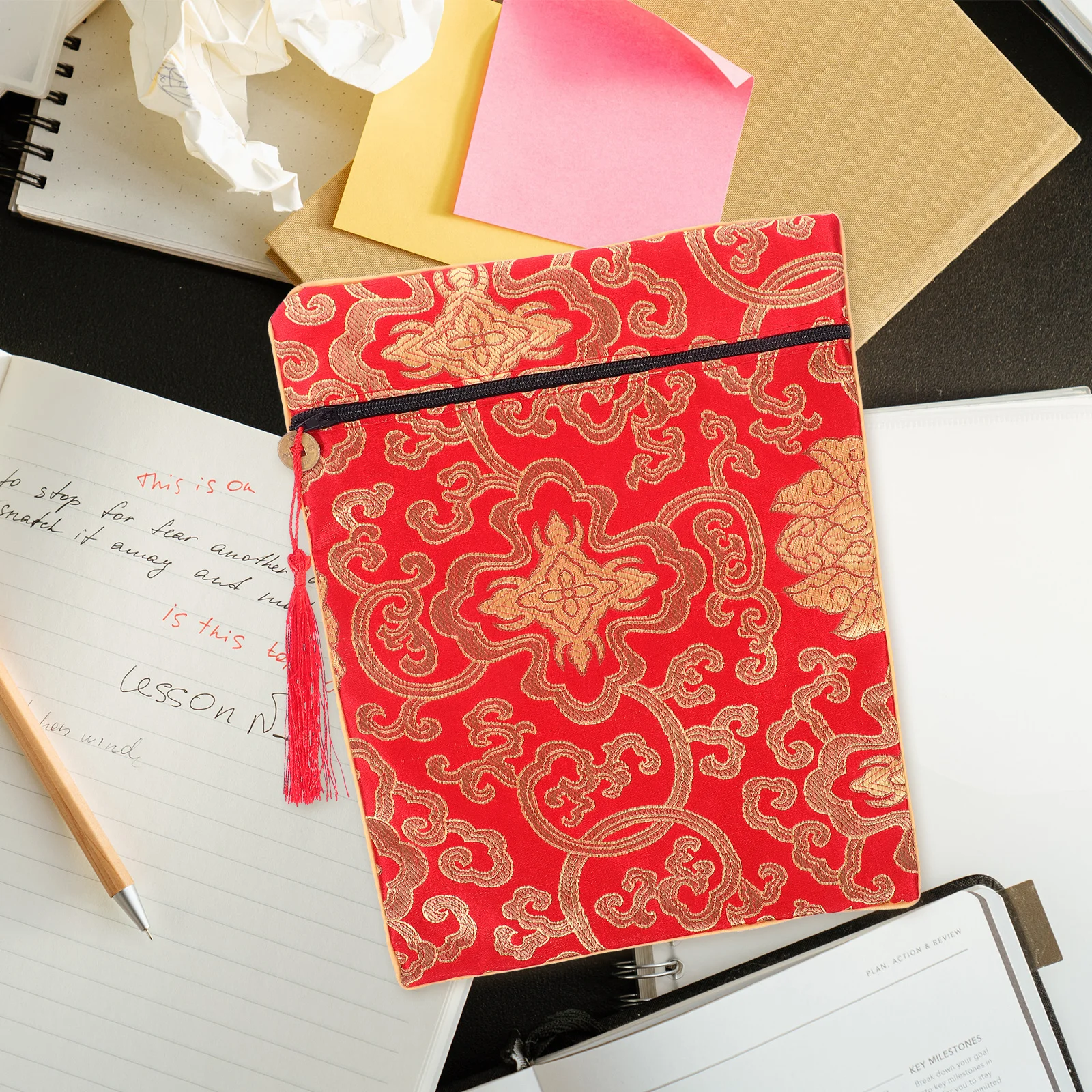 حقيبة الكتب البوذية التنين الأصفر المطرزة النسيج التفاف للكتاب المقدس التخزين المنظم الناقل القماش المغلف