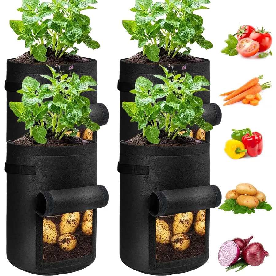 

4 Pack Potato Grow Bags 10 Gallon with Flap Heavy Duty Fabric with Handle and Harvest Window NonWoven Planter Pot Plant Garden