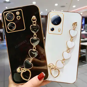 高級メッキラブハートブレスレットチェーンケースシャオ mi mi 13t プロ 13 Lite 5 グラムシリコンバンドカバー Mi13T Mi13 T 13lite 13pro