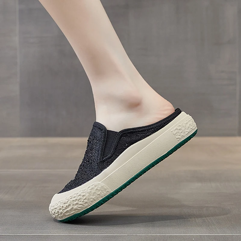 Air Mesh Lace Genuine Leather Comfy Lady Platform Wedge Slippers High Brand Breathable Summer Women Platform Wedge Casual Shoes