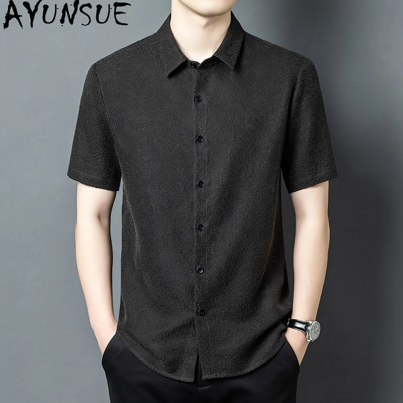 AYUNSUE High Quality Watered Gauze 100% Real Mulberry Silk Shirts for Men Luxury Summer Man Short Sleeve Shirt Fashion Top Shirt