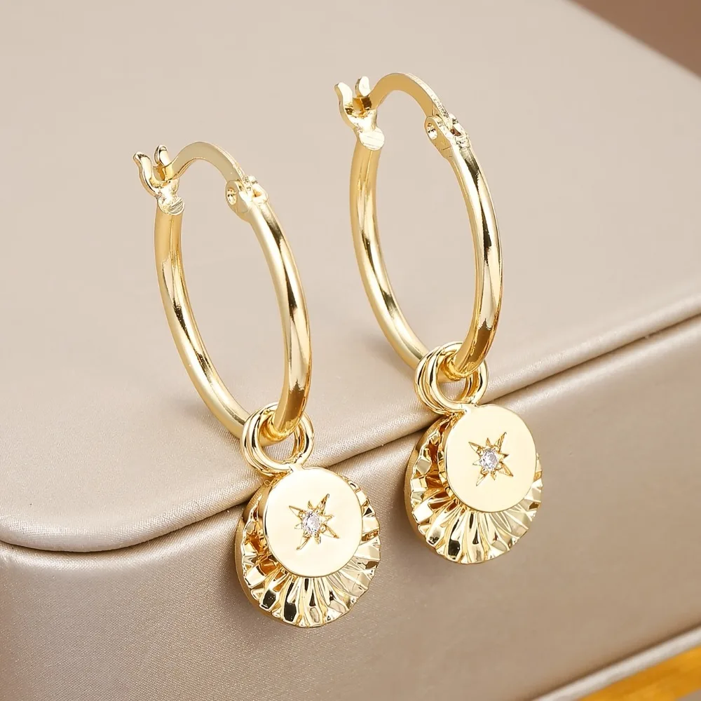1 Pair of Fashionable Retro Geometric Textured Disc Earrings - Inlaid with Sparkling Synthetic Zircon, Elegant Tassel Dangle Earrings, Suitable for Parties and Holiday Dates, Perfect for Year-Round Wear, Perfect Gift, Holiday Gift