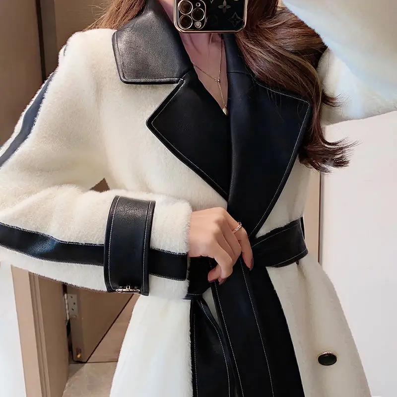 

Woolen Jacket Temperament Contrasting Color Splicing Medium Long Plush Coat Women's Exquisite Simple Fashion Personality Casual