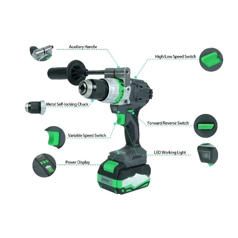 High Standard Cordless Impact Drill Driver with Li-Ion Battery Variable Speed Brushless Drill 13mm