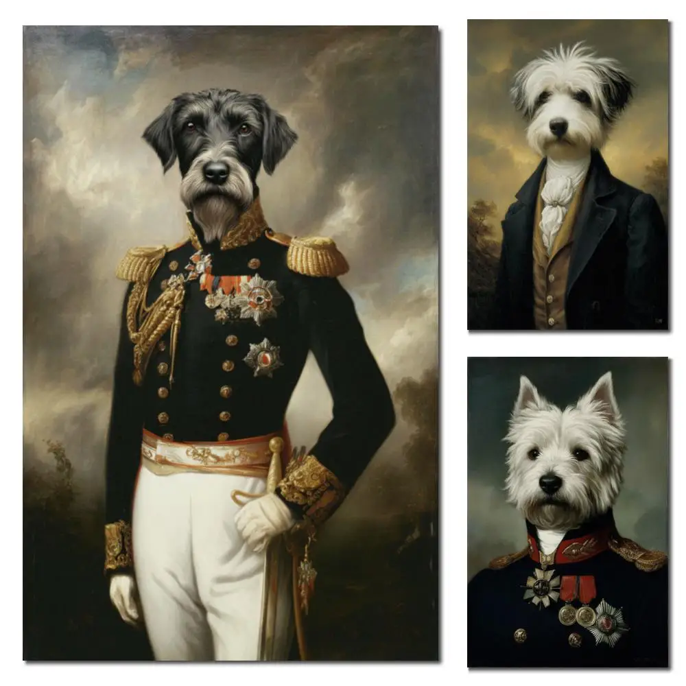 Custom Surrealist Dog Portrait Oil Painting Napoleon Officer Hand Painted Royal Animal Canvas Art For Classic Living Room Office