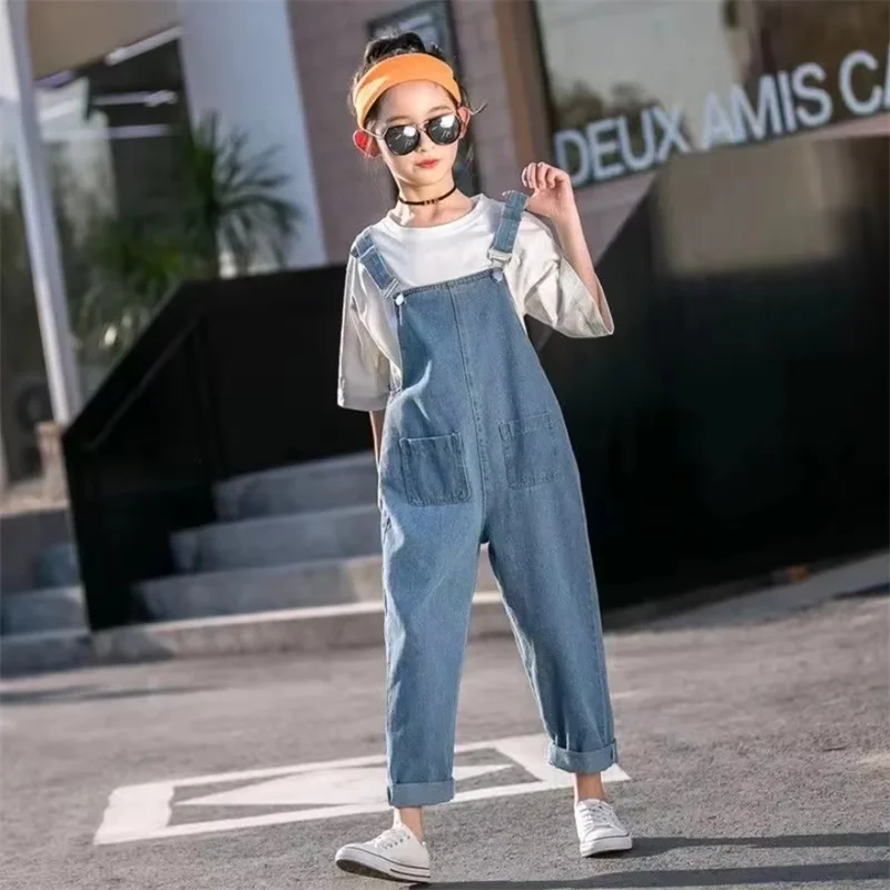 Spring Autumn Fashionable Kids Denim Overalls Modern Styles High Waisted Pants Jean Children Loose Casual Denim Overalls
