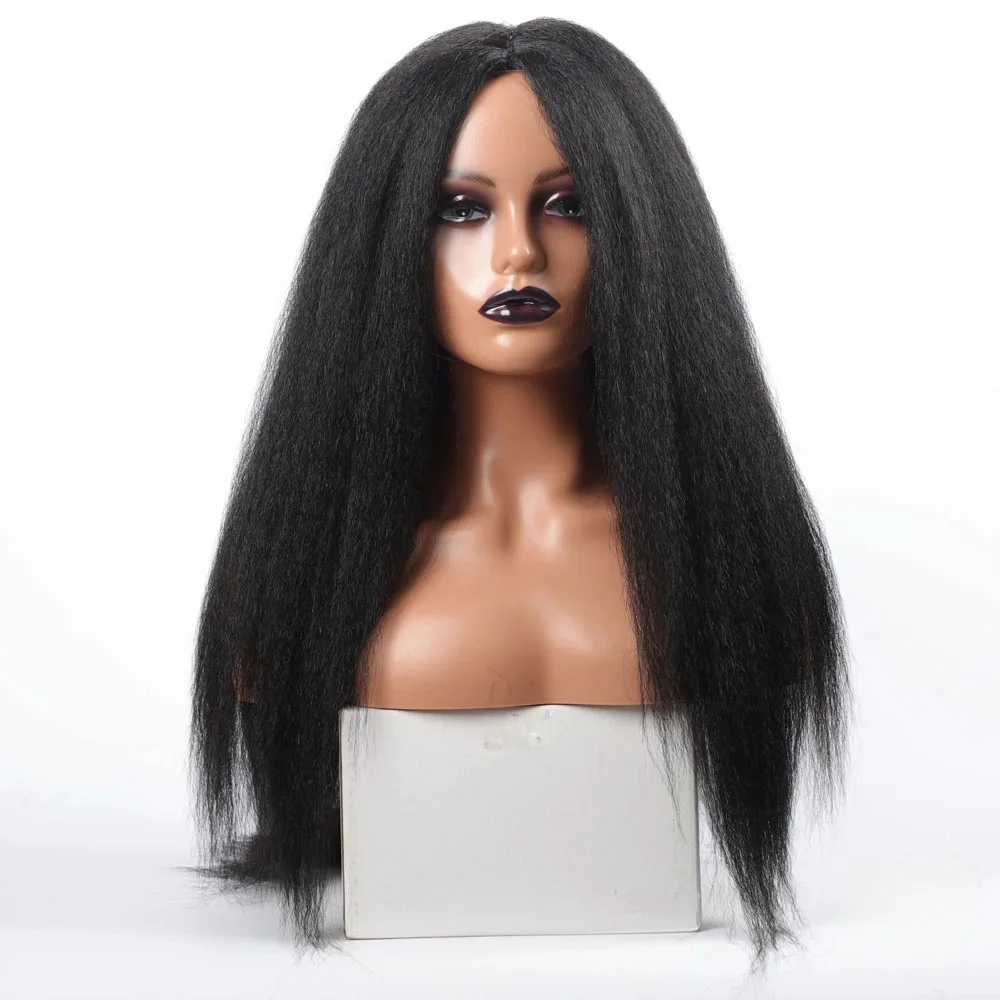 

180Density Long 26Inch Preplucked Natural Black Yaki Kinky Straight Lace Front Wig For Women With Glueless Soft BabyHair Daily