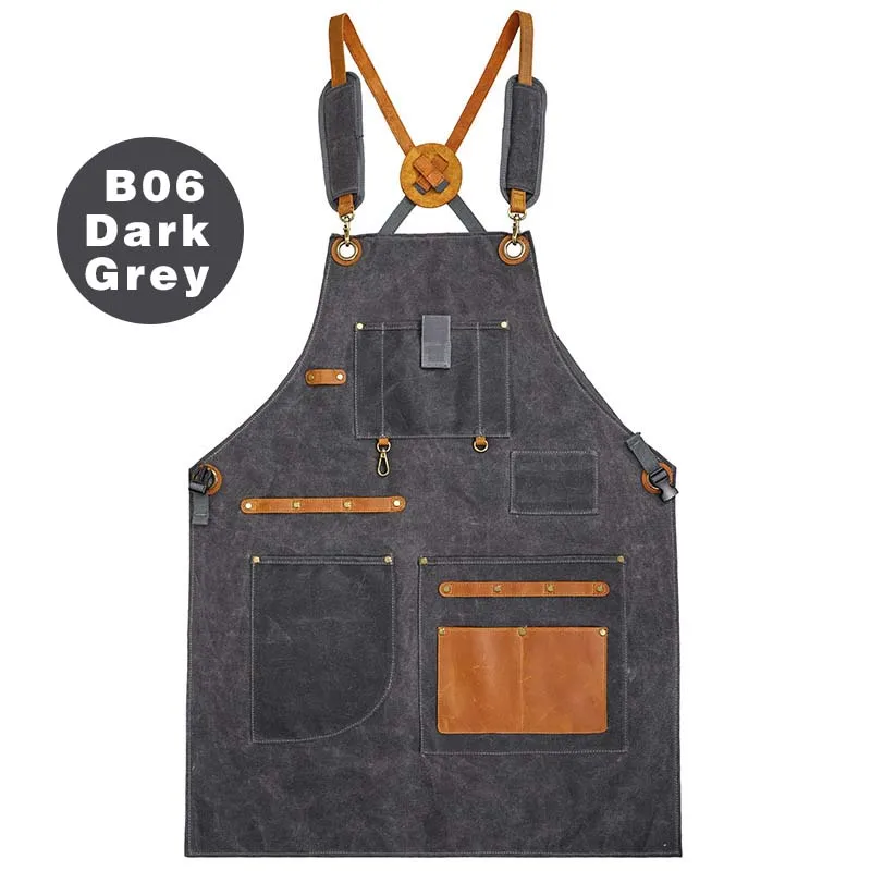 American Style Wax Dyed Anti Splashing Canvas Apron Multifunctional Pocket Apron Hairdresser Carpenter Work Uniform Apron