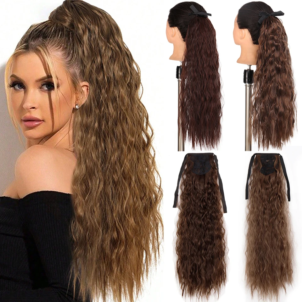 Synthetic Long Kinky Curly Ponytail Drawstring Clip In Ponytail Black Blonde Hair Extension for Women