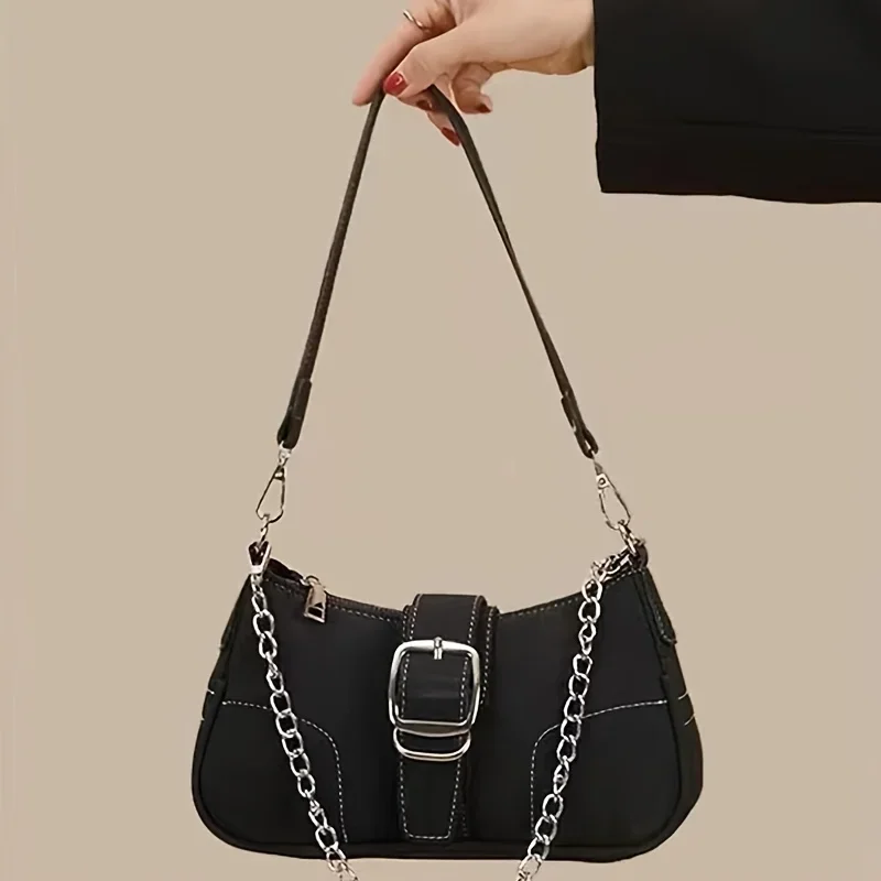 Style  Bag, Trendy Chain Crossbody Bag, Buckle Decor Underarm Purse For Women