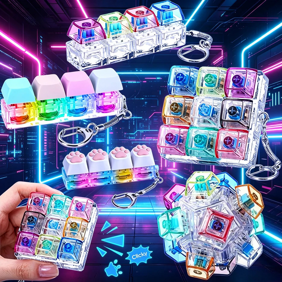 LED Light Keyboard Keychain Fidget Toy Clickable Button Stress Relief Portable Desk Accessory Office Decor Gift  Anxiety Relief