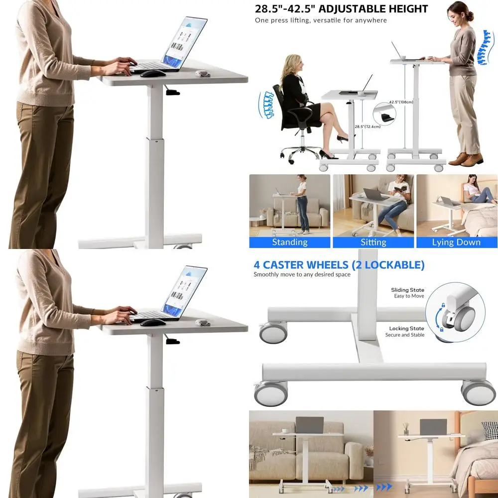 Adjustable Height Mobile Laptop Desk with Wheels, Compact Rolling Workstation for Home and Office (White)